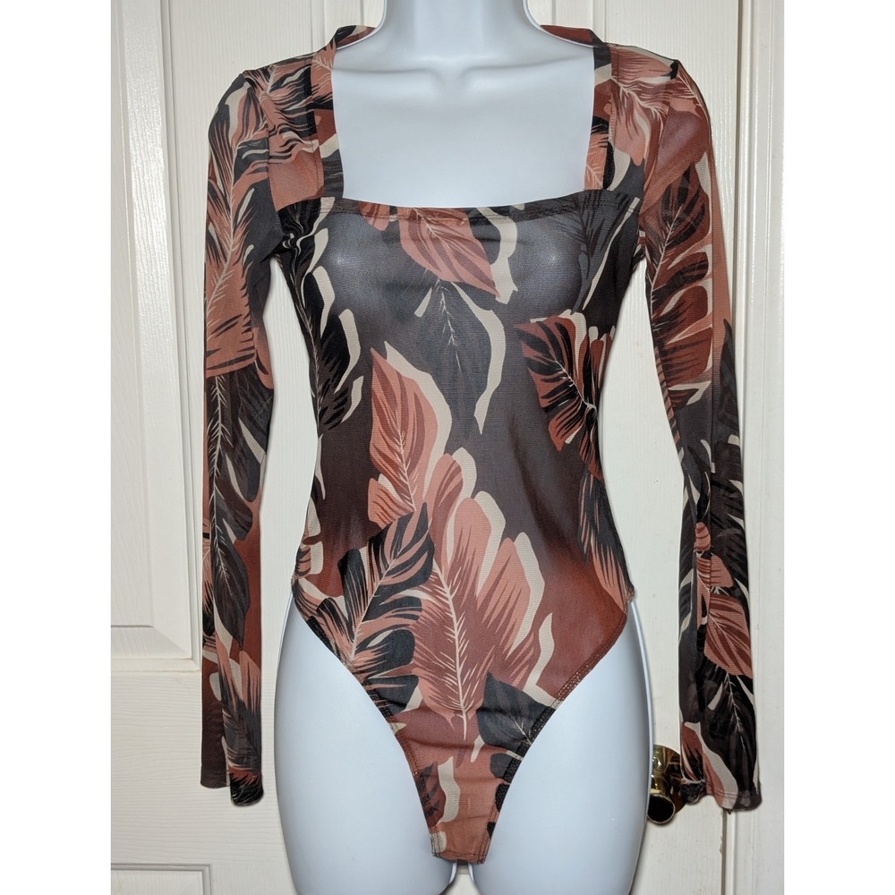Mind Code Women's Size Medium Bodysuit Long Sleeve Tropical Leaf Print   Q512